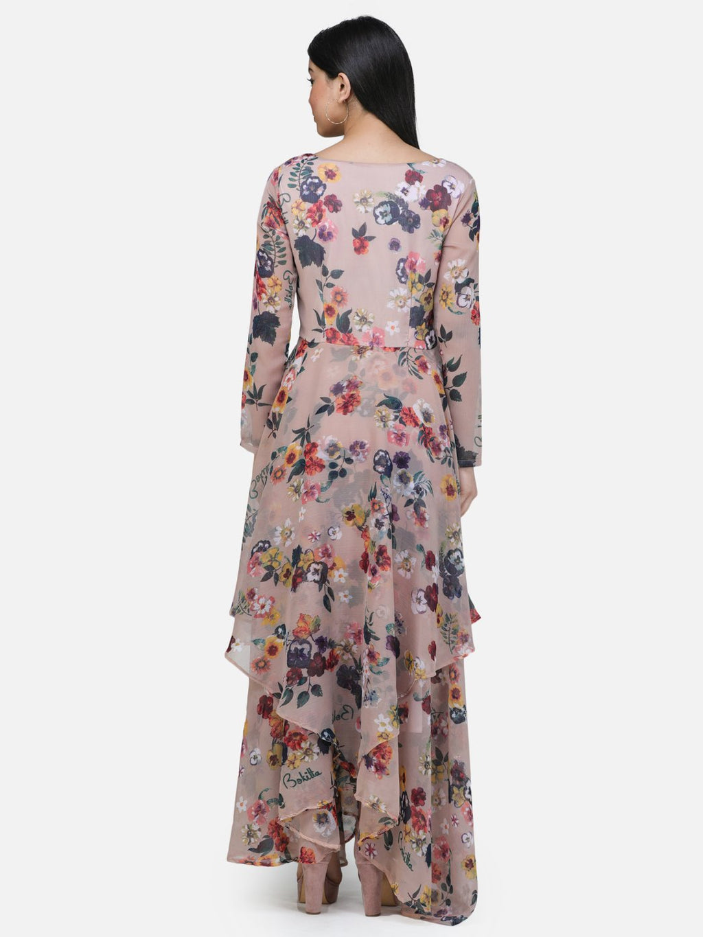 SCORPIUS Beige Printed Full sleeve Layered dress