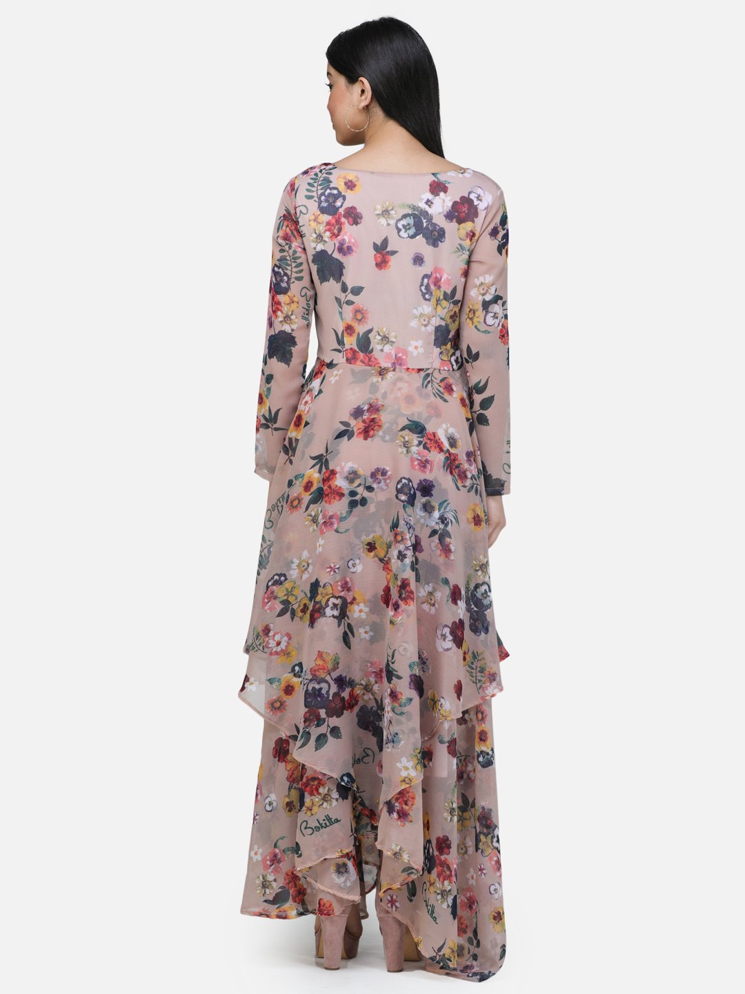 SCORPIUS Beige Printed Full sleeve Layered dress