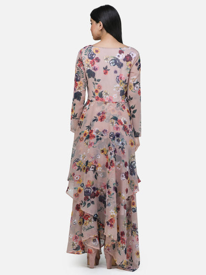 SCORPIUS Beige Printed Full sleeve Layered dress
