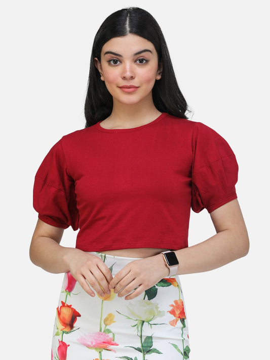 SCORPIUS MAROON PUFFED SLEEVE CROP TOP