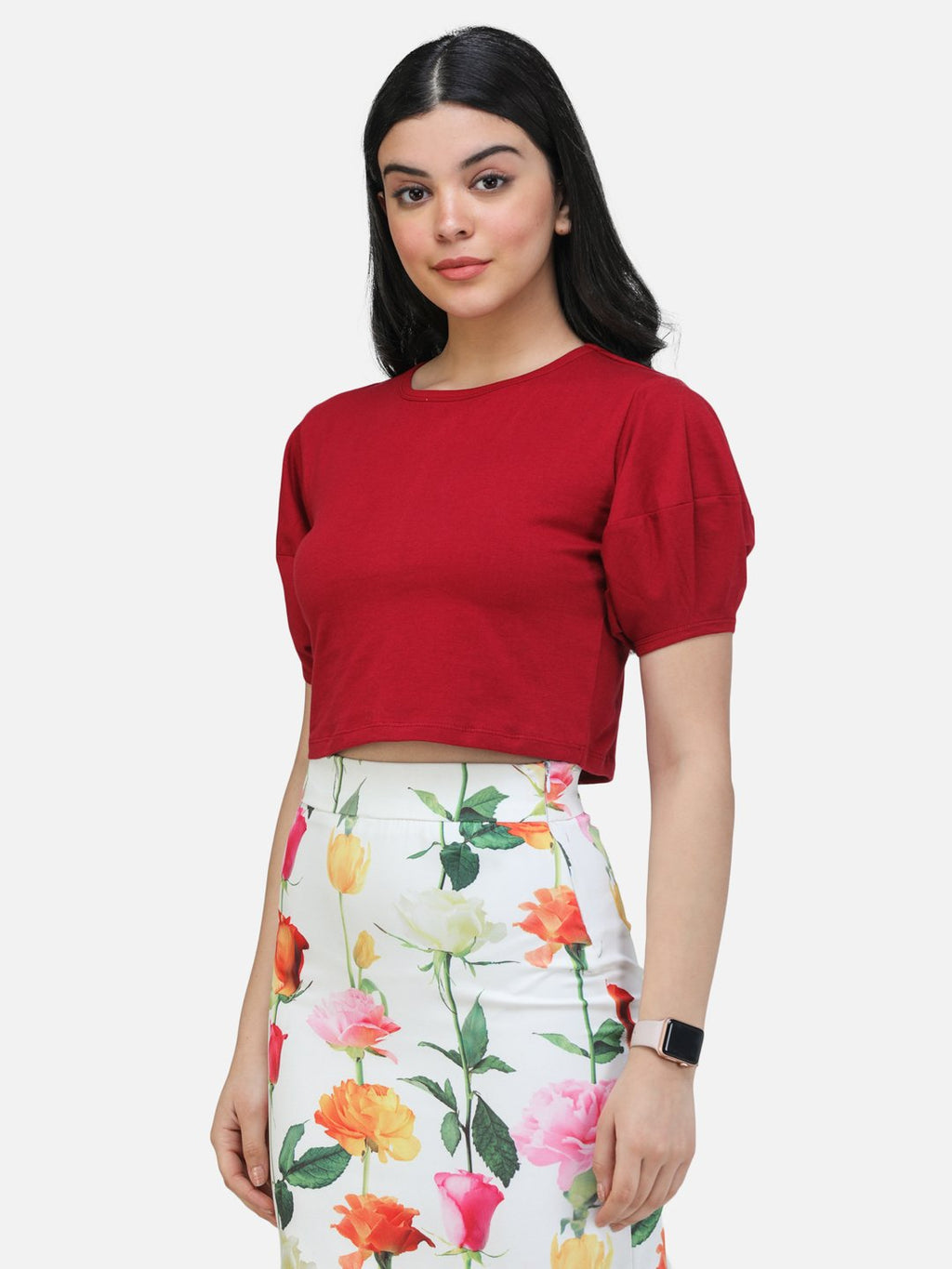 SCORPIUS MAROON PUFFED SLEEVE CROP TOP
