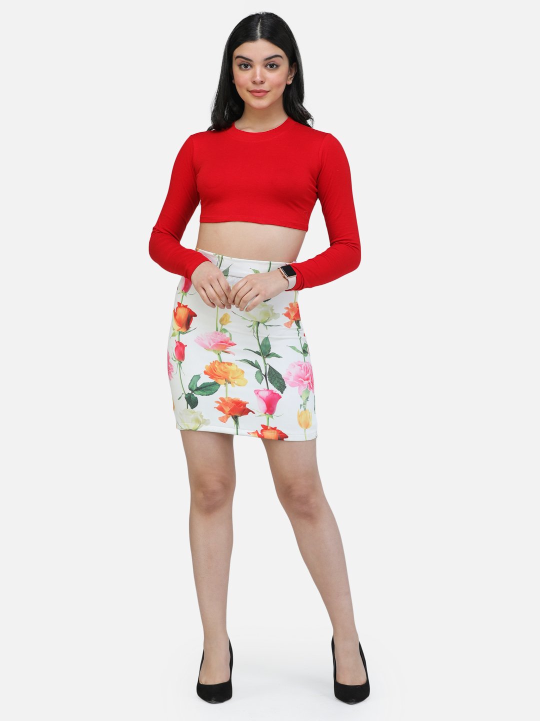 SCORPIUS RED FULL SLEEVE ROUND NECK CROP TOP