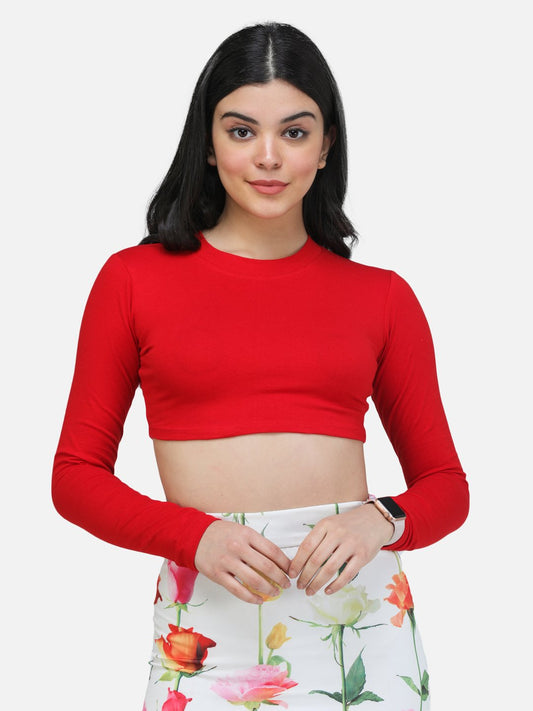 SCORPIUS RED FULL SLEEVE ROUND NECK CROP TOP