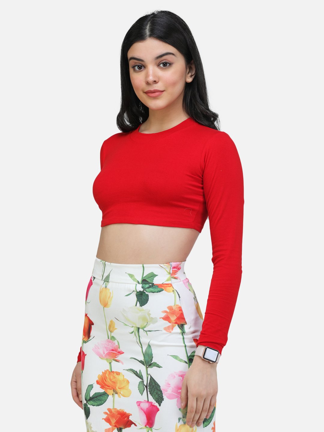 SCORPIUS RED FULL SLEEVE ROUND NECK CROP TOP
