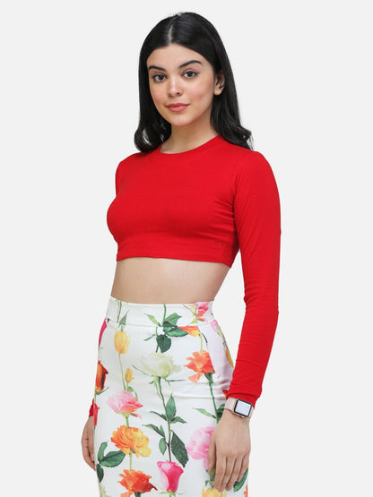 SCORPIUS RED FULL SLEEVE ROUND NECK CROP TOP