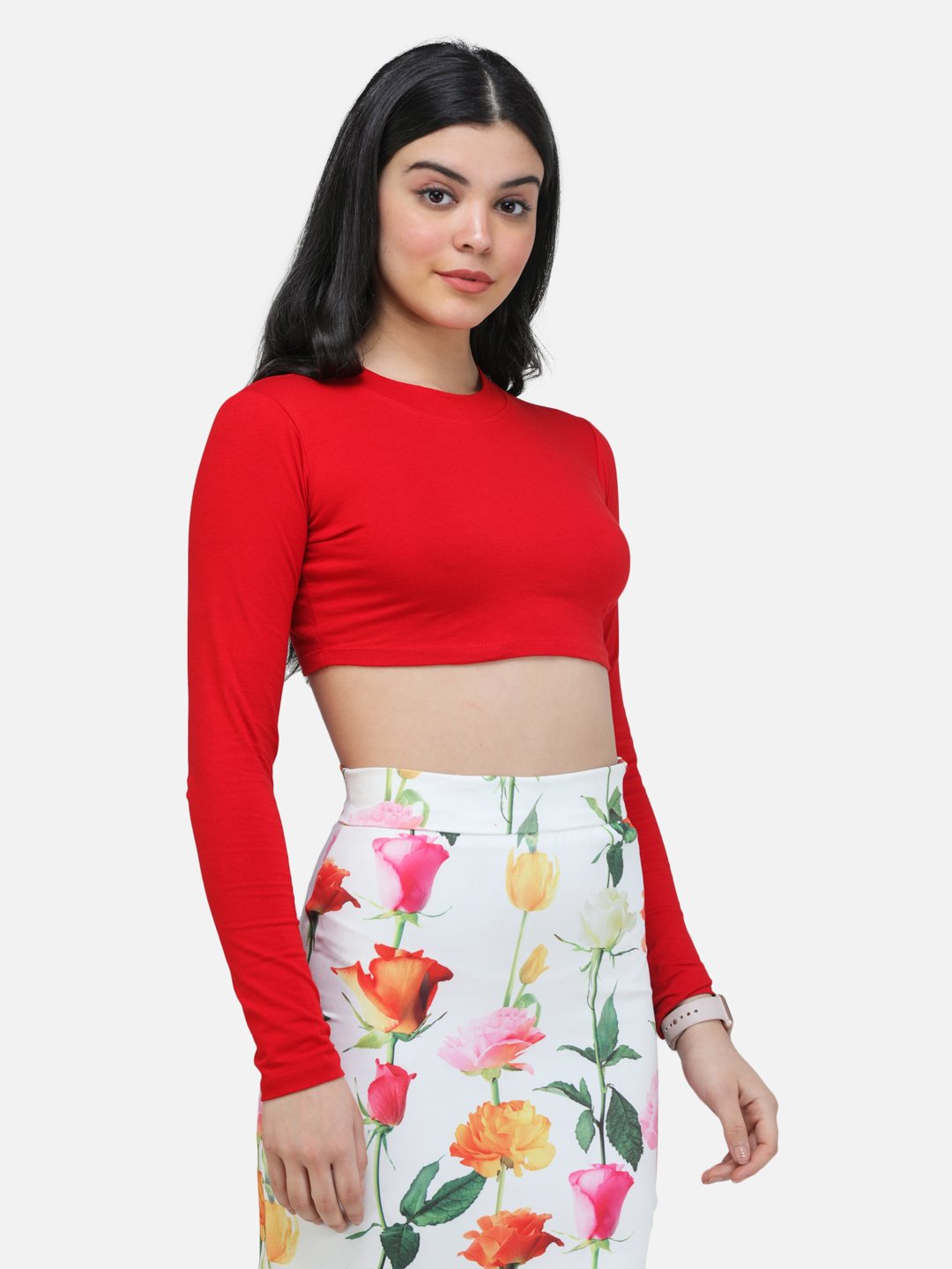 SCORPIUS RED FULL SLEEVE ROUND NECK CROP TOP