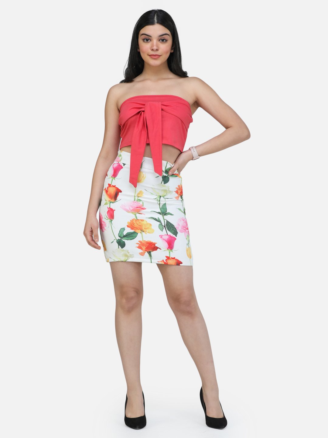 SCORPIUS CORAL OFF SHOULDER FRONT BELT CROP TOP