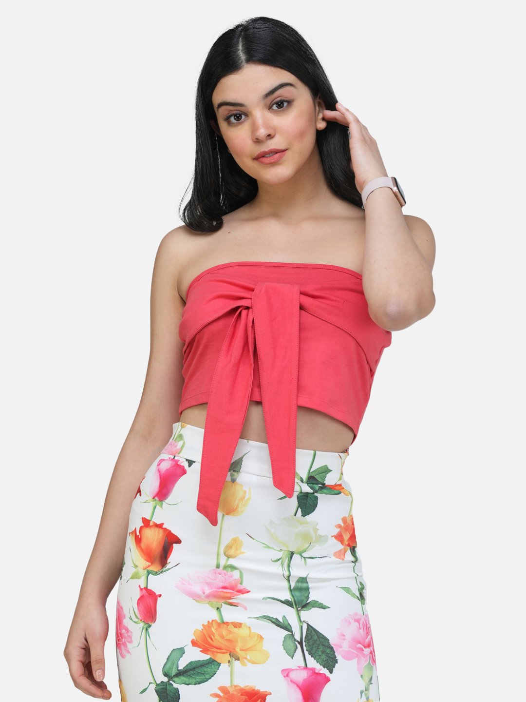 SCORPIUS CORAL OFF SHOULDER FRONT BELT CROP TOP