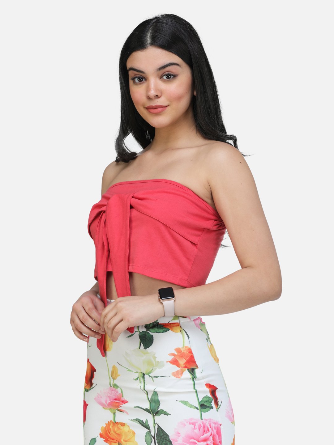 SCORPIUS CORAL OFF SHOULDER FRONT BELT CROP TOP