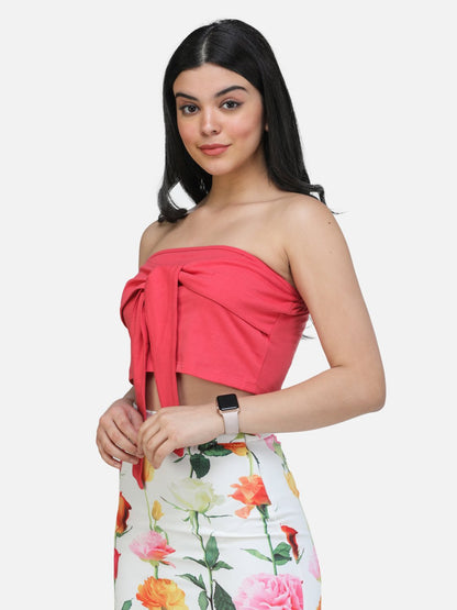 SCORPIUS CORAL OFF SHOULDER FRONT BELT CROP TOP