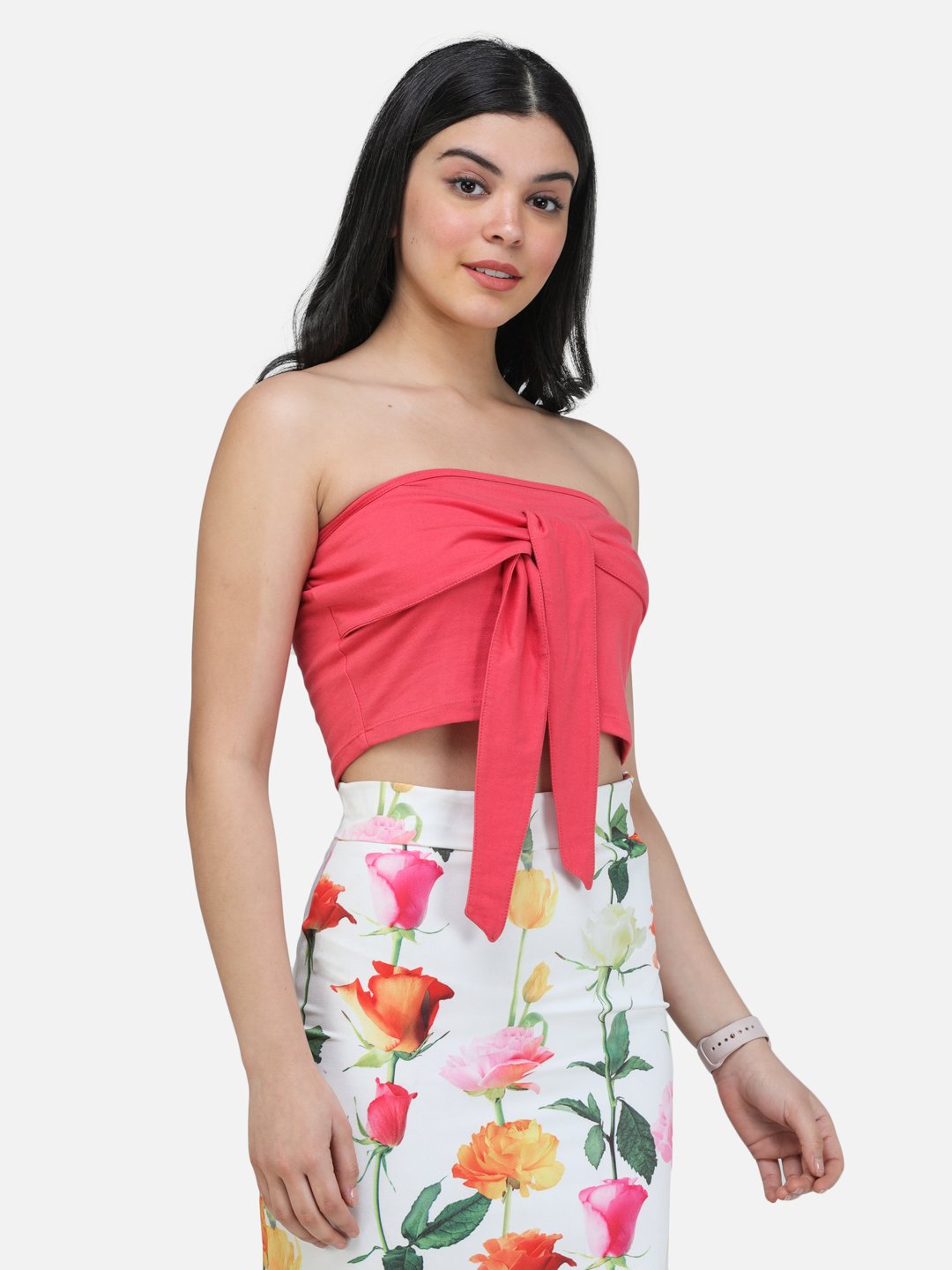 SCORPIUS CORAL OFF SHOULDER FRONT BELT CROP TOP