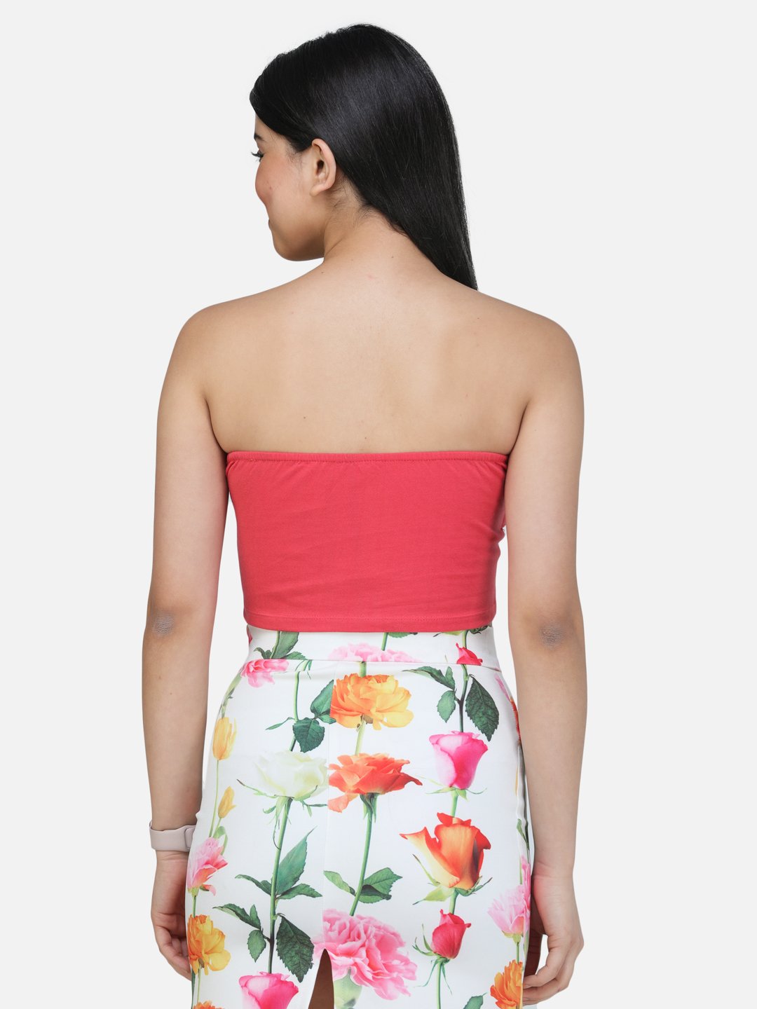 SCORPIUS CORAL OFF SHOULDER FRONT BELT CROP TOP