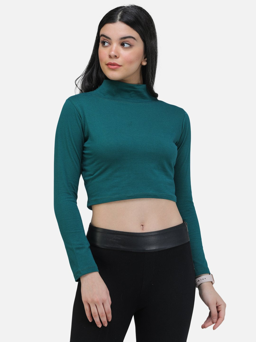 SCORPIUS TEAL FULL SLEEVE HIGH NECK CROP TOP