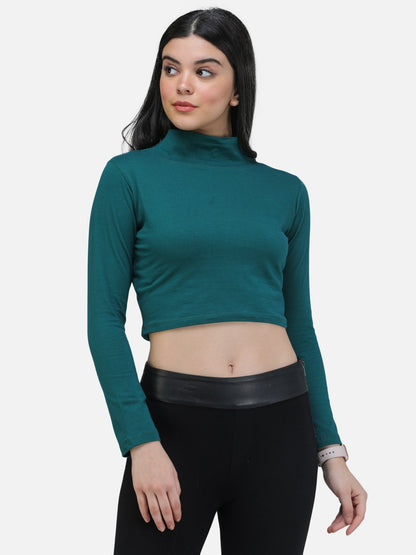 SCORPIUS TEAL FULL SLEEVE HIGH NECK CROP TOP