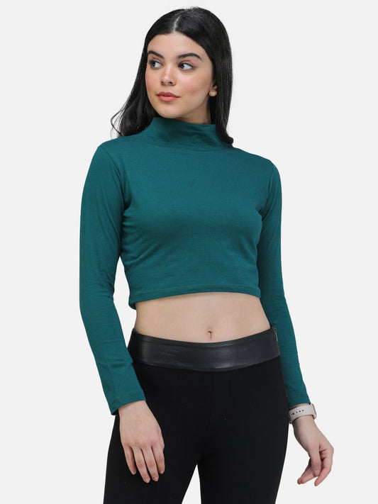 SCORPIUS TEAL FULL SLEEVE HIGH NECK CROP TOP