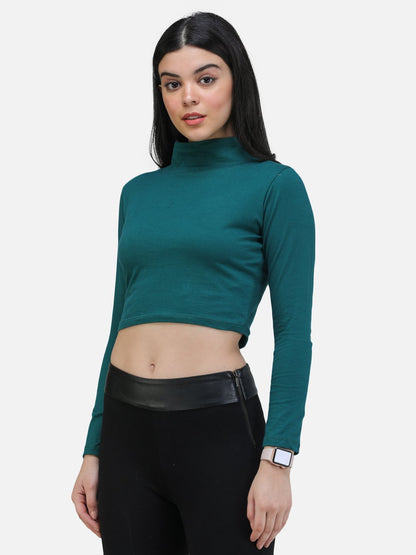 SCORPIUS TEAL FULL SLEEVE HIGH NECK CROP TOP