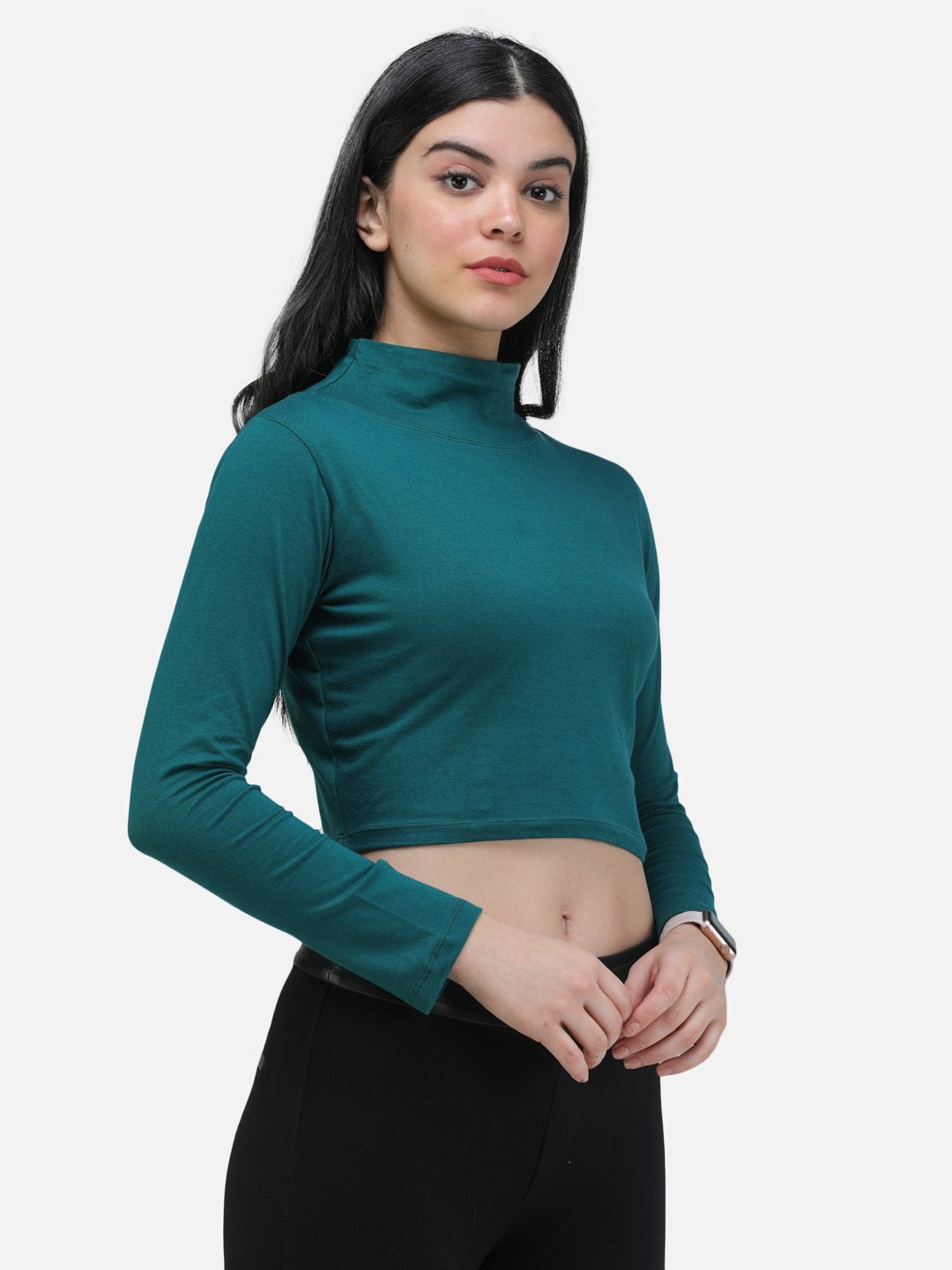 SCORPIUS TEAL FULL SLEEVE HIGH NECK CROP TOP