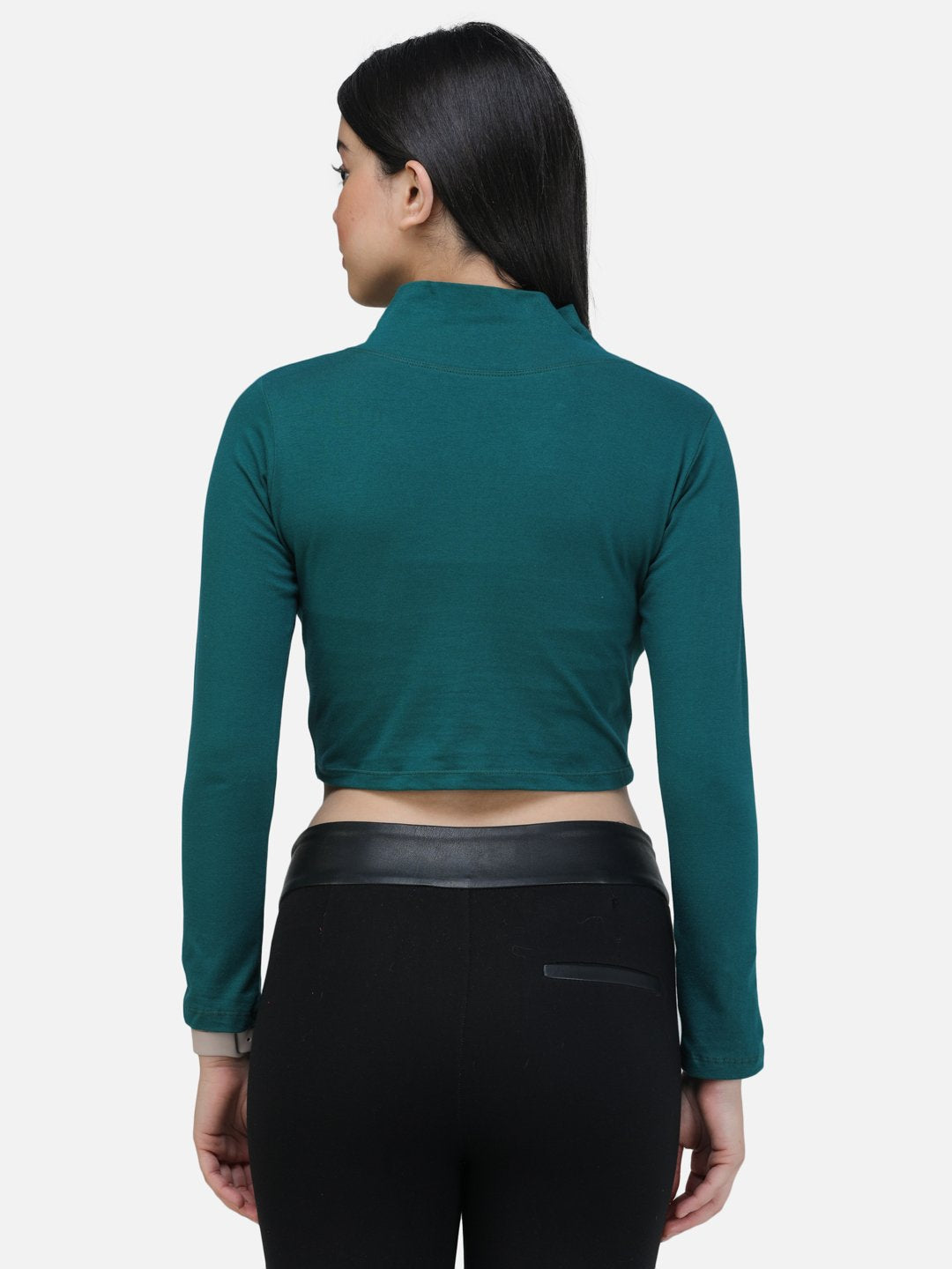 SCORPIUS TEAL FULL SLEEVE HIGH NECK CROP TOP