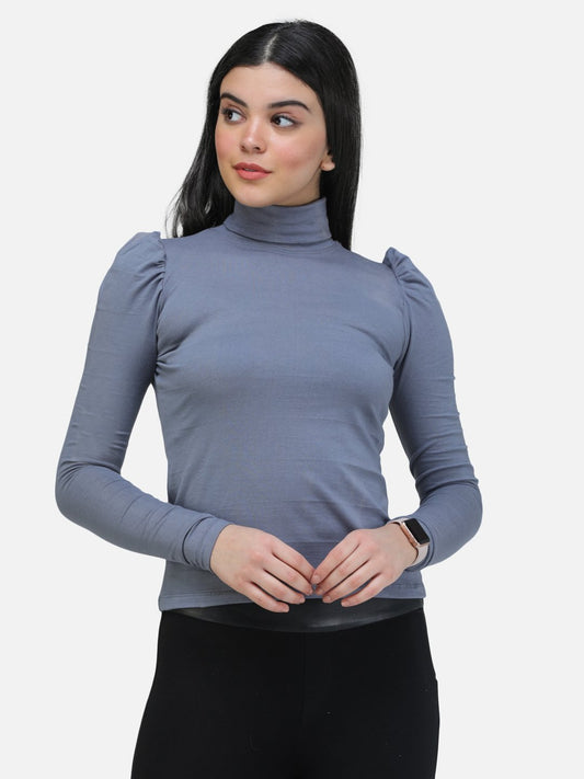 SCORPIUS GREY PUFF SLEEVE HIGH NECK TOP