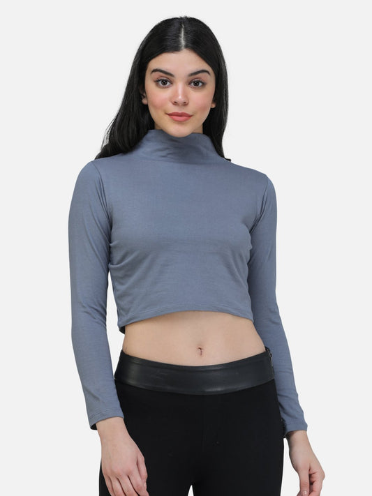 SCORPIUS GREY FULL SLEEVE HIGH NECK CROP TOP