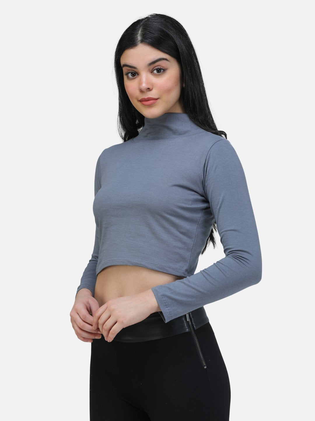 SCORPIUS GREY FULL SLEEVE HIGH NECK CROP TOP
