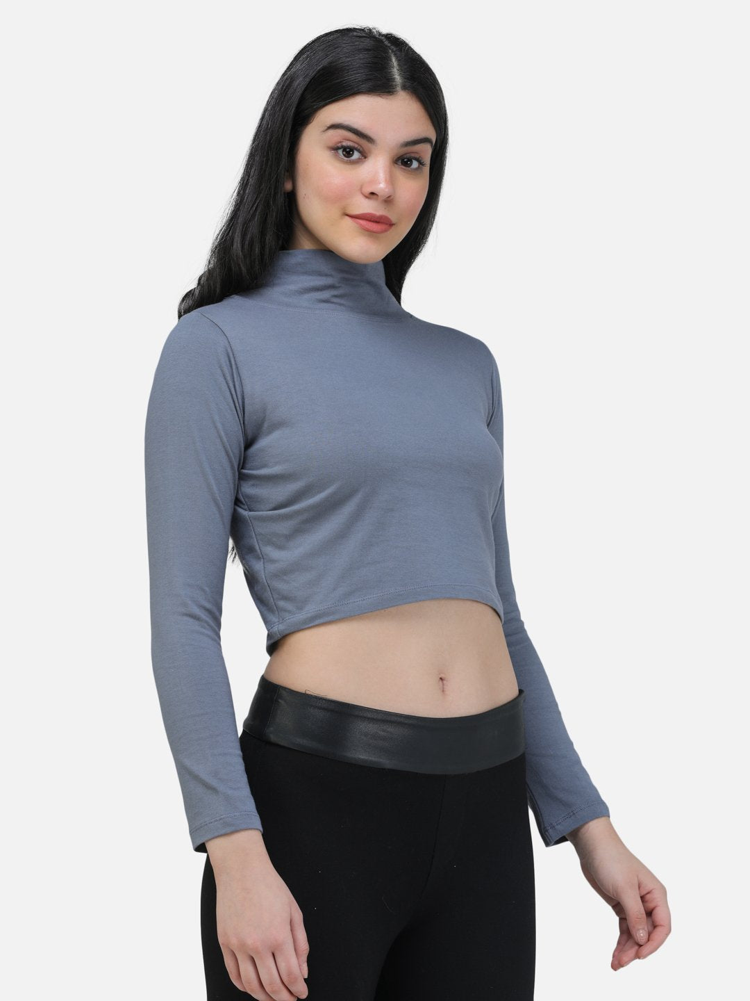 SCORPIUS GREY FULL SLEEVE HIGH NECK CROP TOP