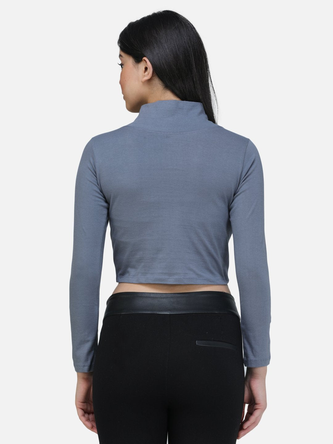 SCORPIUS GREY FULL SLEEVE HIGH NECK CROP TOP