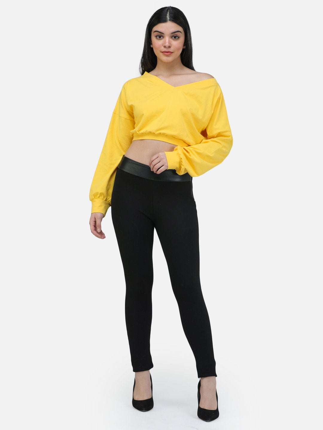 SCORPIUS YELLOW V NECK SWEATSHIRT STYLE CROP TOP