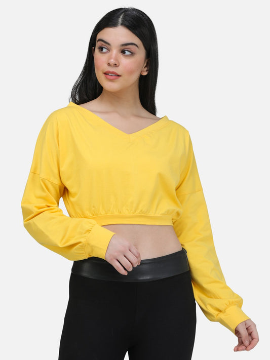 SCORPIUS YELLOW V NECK SWEATSHIRT STYLE CROP TOP