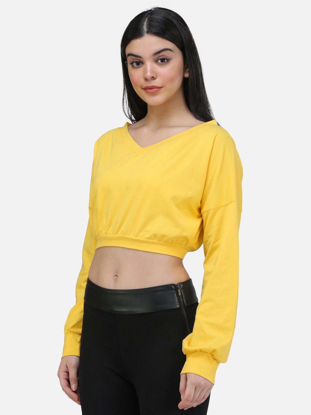 SCORPIUS YELLOW V NECK SWEATSHIRT STYLE CROP TOP