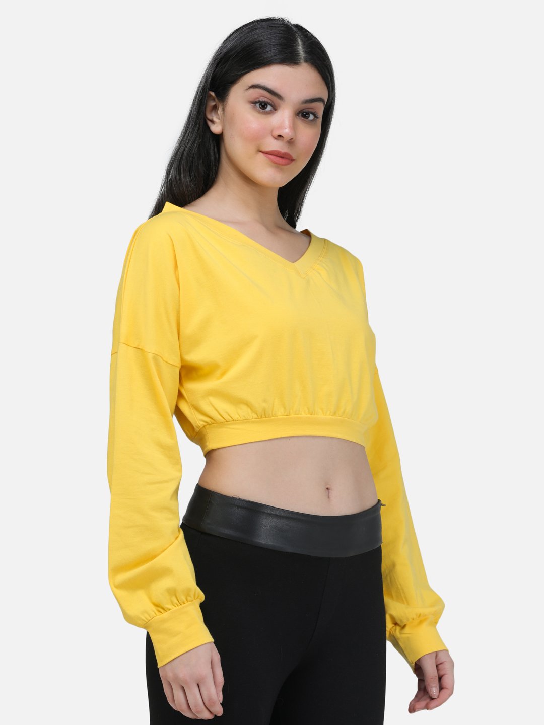 SCORPIUS YELLOW V NECK SWEATSHIRT STYLE CROP TOP