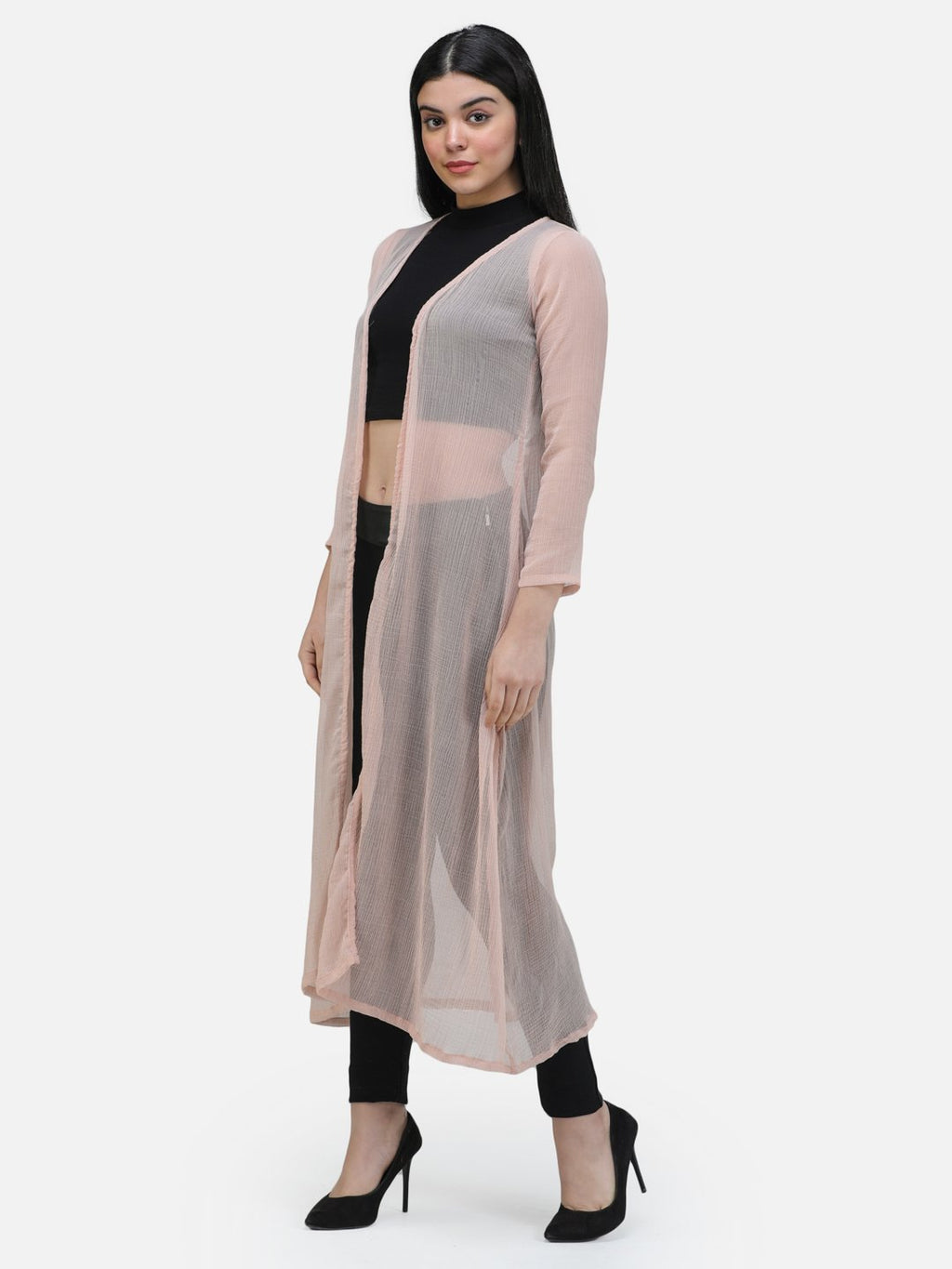 SCORPIUS CHIFFON  BEIGE SOLID LONG SHRUG