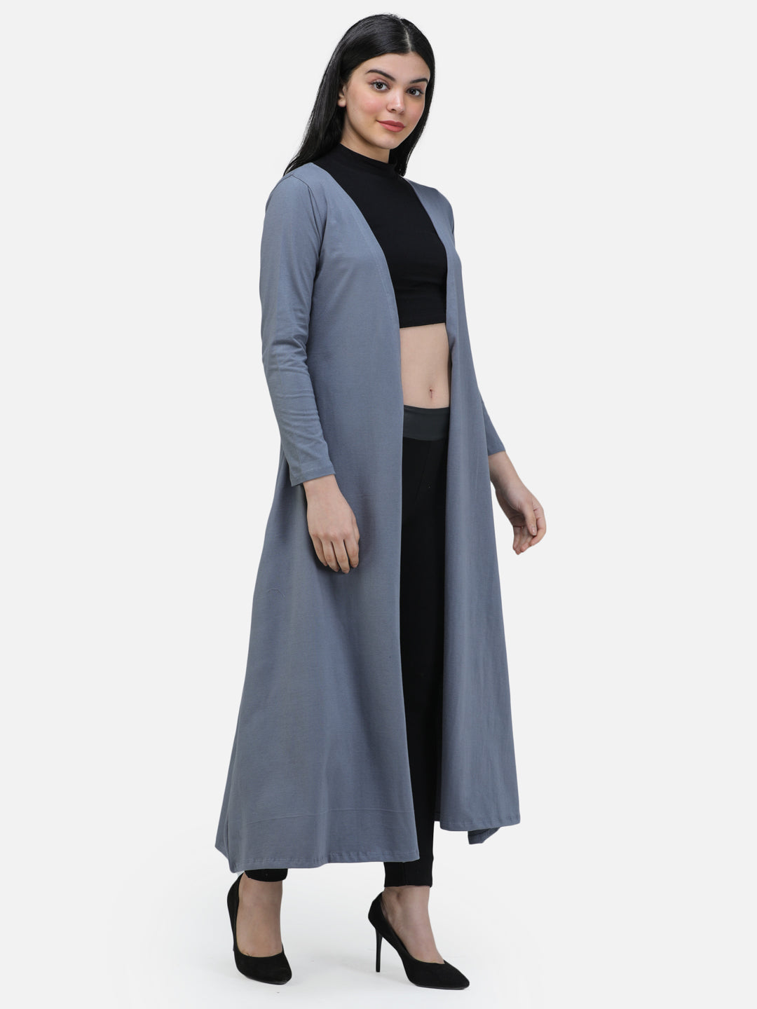 SCORPIUS Women Grey Solid Open-Front Longline Shrug