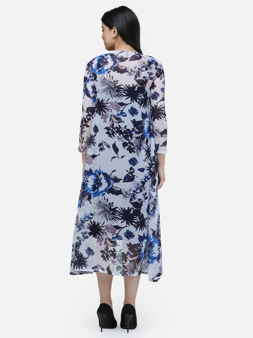 Scorpius Women White & Blue Floral Printed Open-Front Longline Shrug