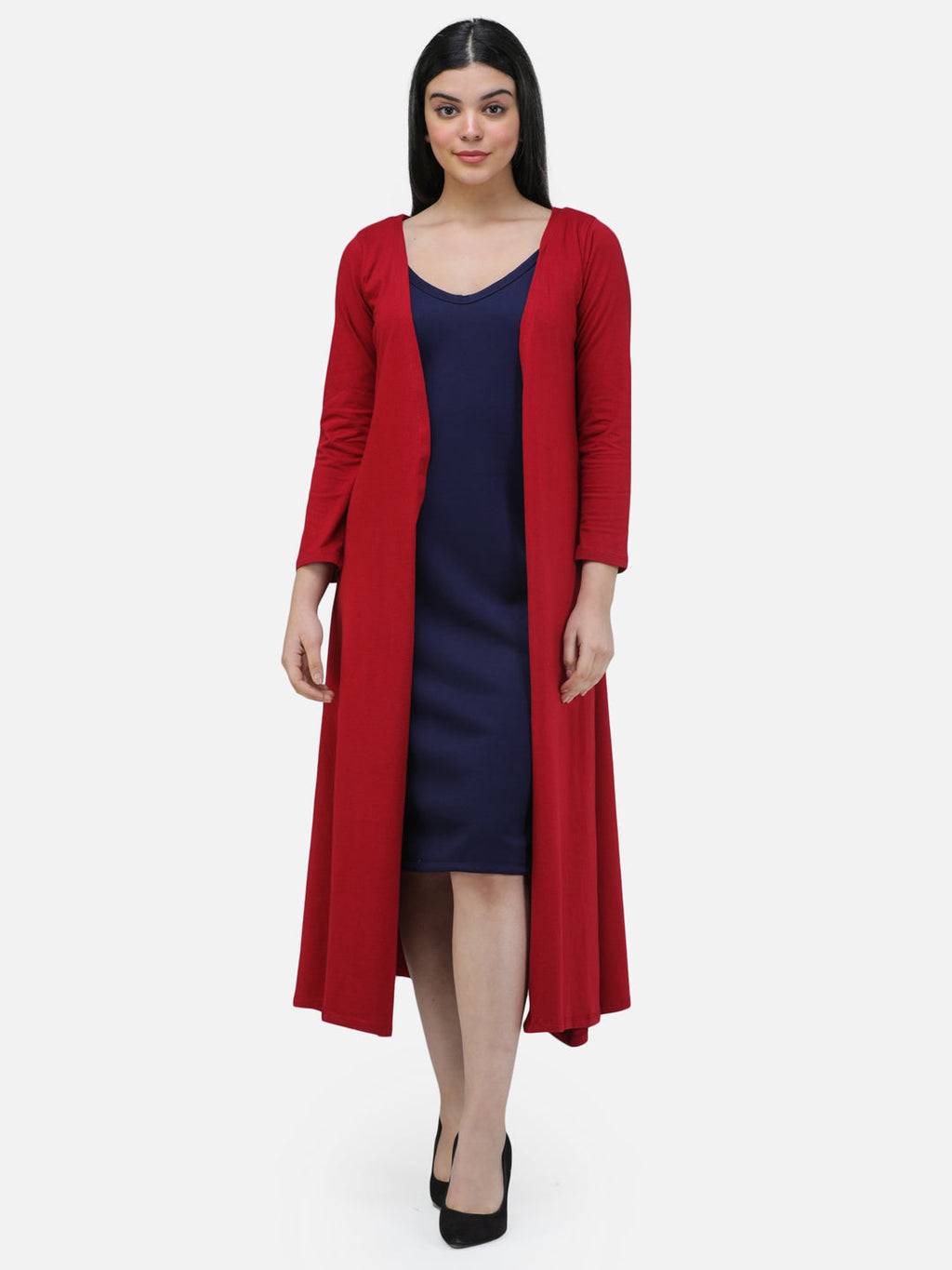 SCORPIUS Women Maroon Solid Open-Front Longline Shrug