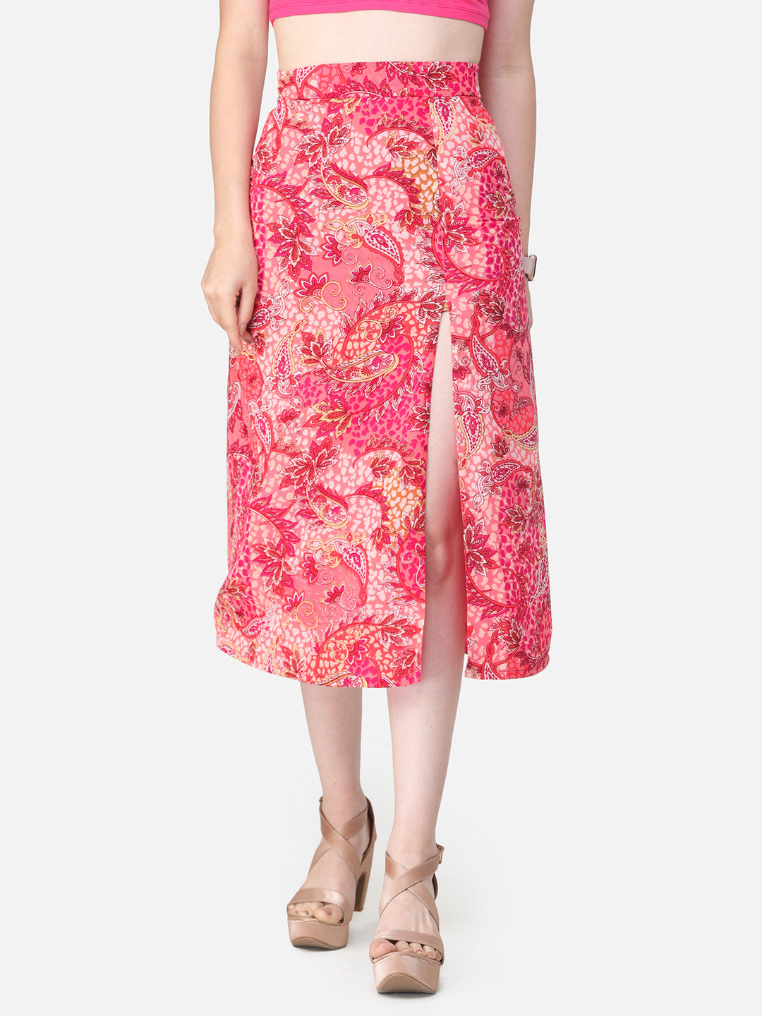 Scorpius Pink & Off-White Printed Straight Midi Skirt