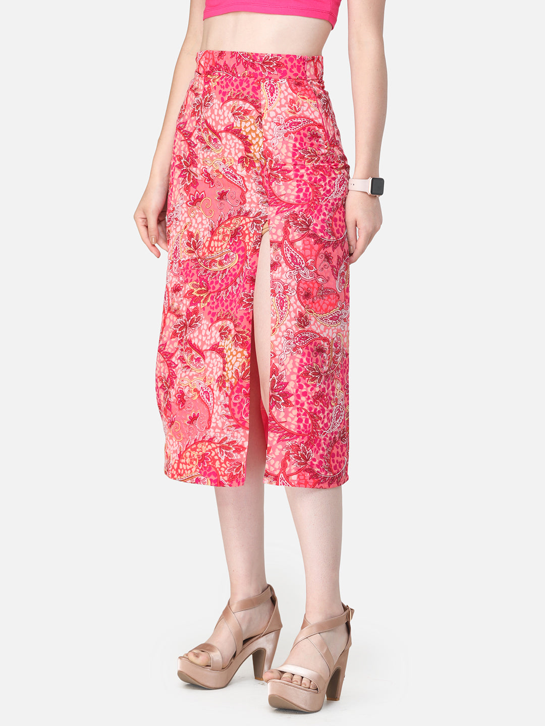 Scorpius Pink & Off-White Printed Straight Midi Skirt