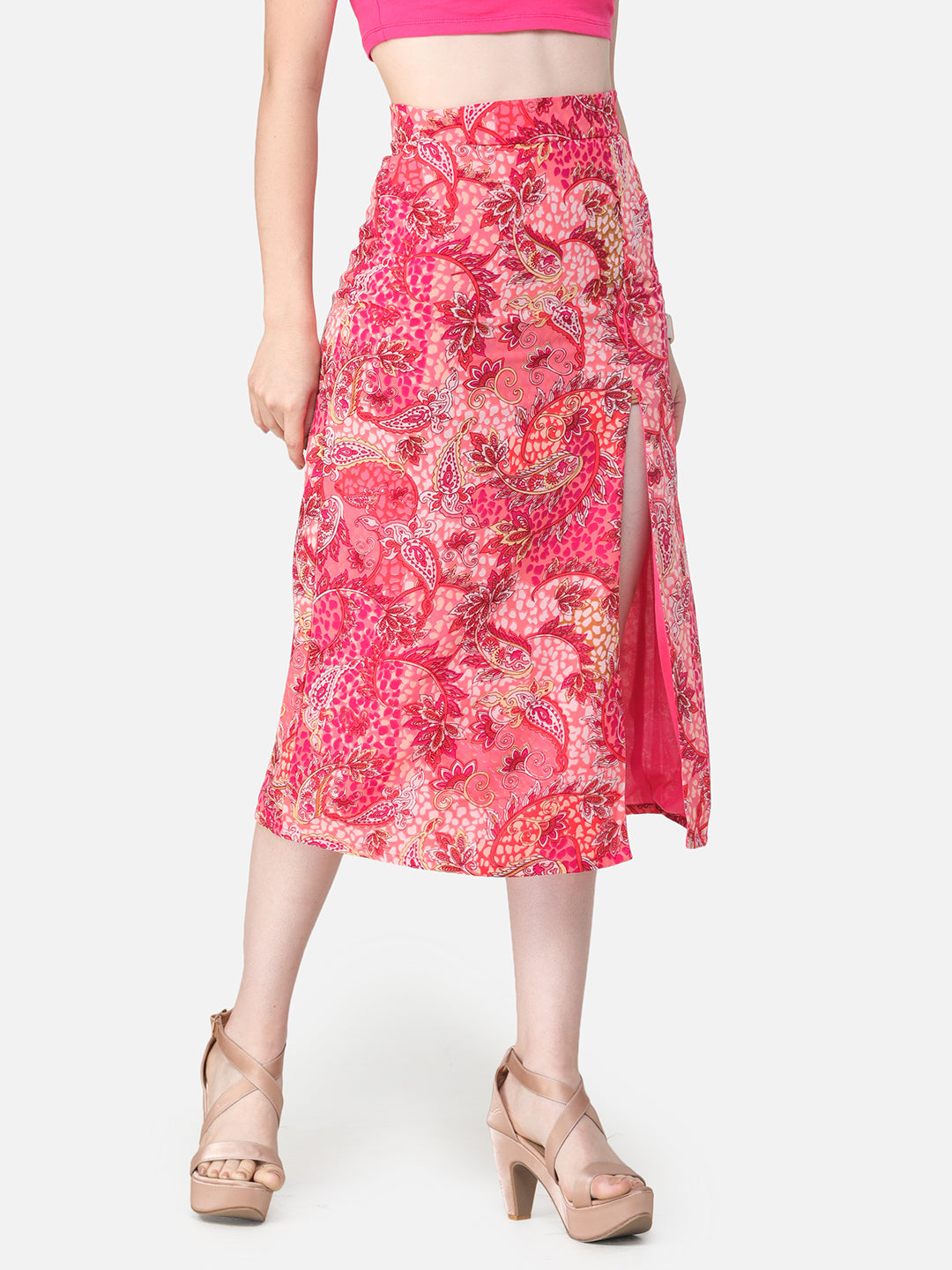Scorpius Pink & Off-White Printed Straight Midi Skirt