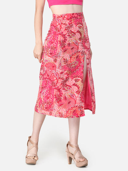 Scorpius Pink & Off-White Printed Straight Midi Skirt