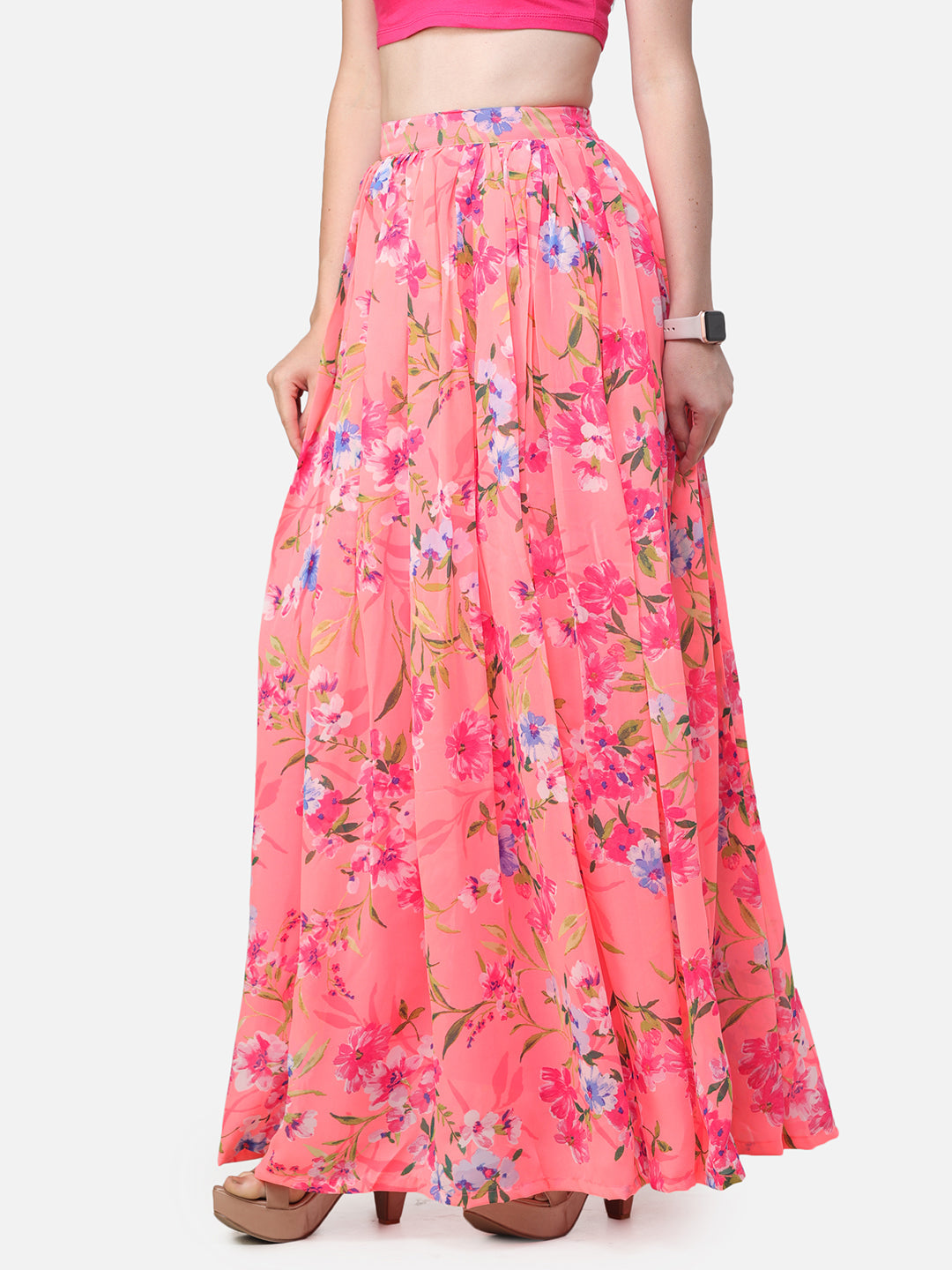 Orange Floral Maxi Flared Skirt