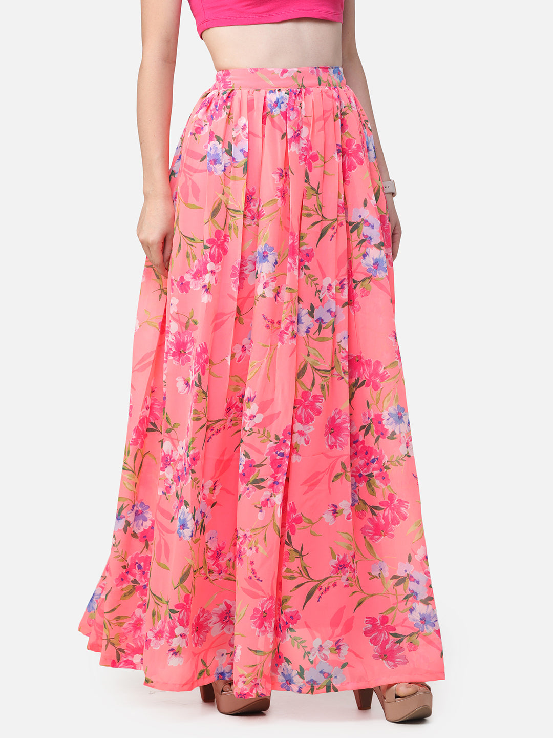 Orange Floral Maxi Flared Skirt