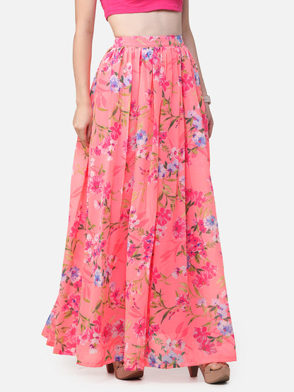 Orange Floral Maxi Flared Skirt