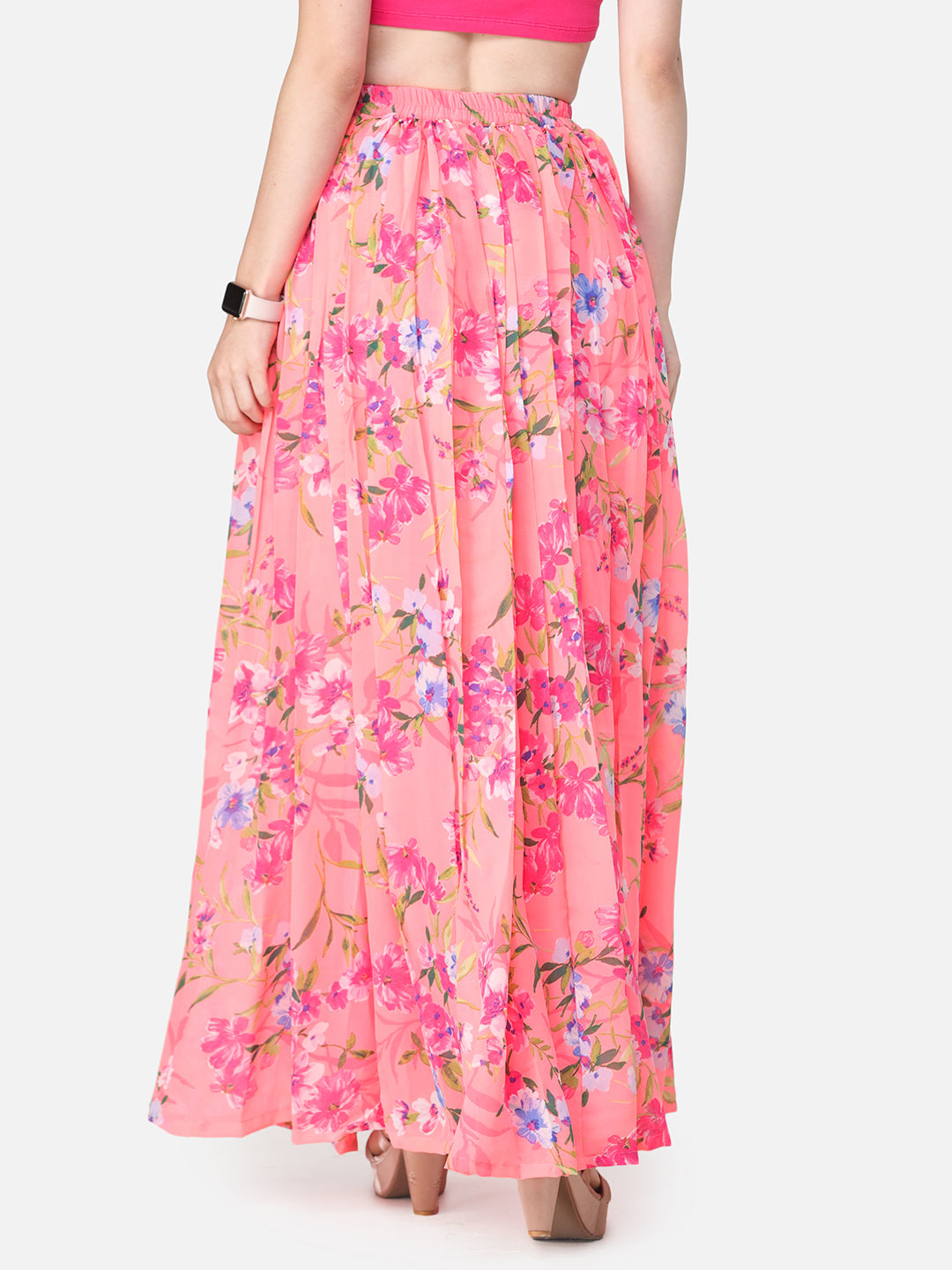 Orange Floral Maxi Flared Skirt