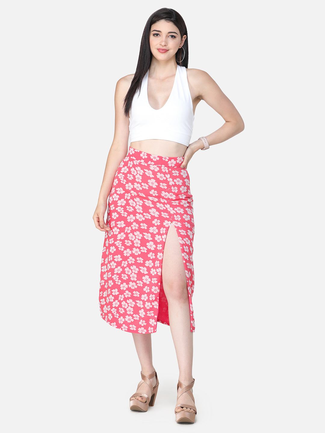 Scorpius Pink & Off-White Printed Straight Midi Skirt