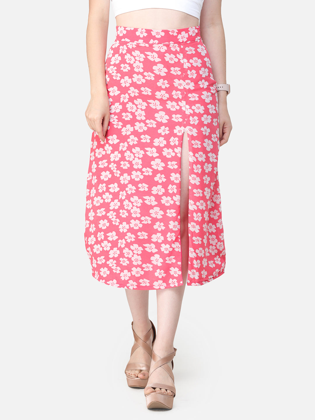 Scorpius Pink & Off-White Printed Straight Midi Skirt