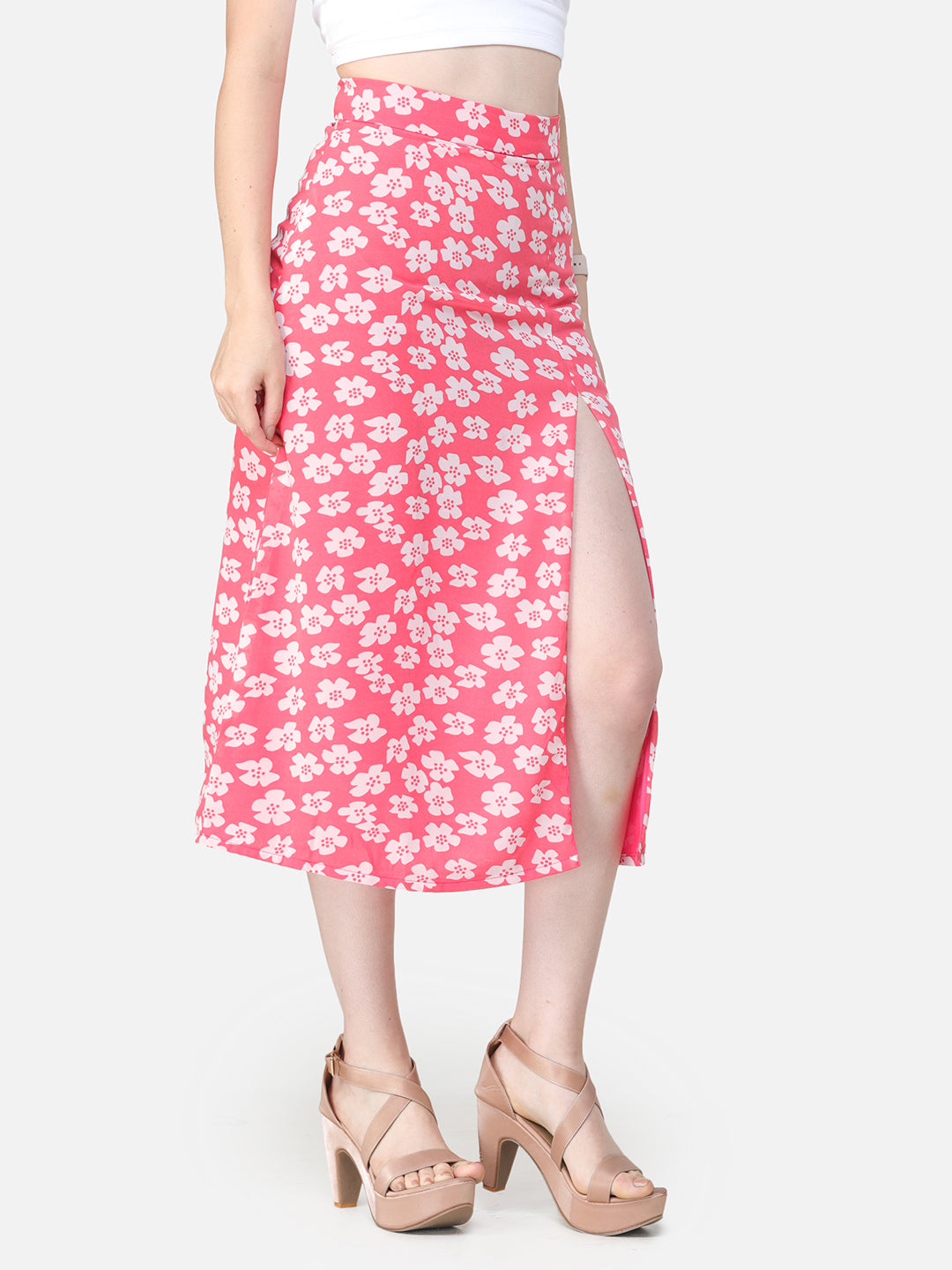 Scorpius Pink & Off-White Printed Straight Midi Skirt