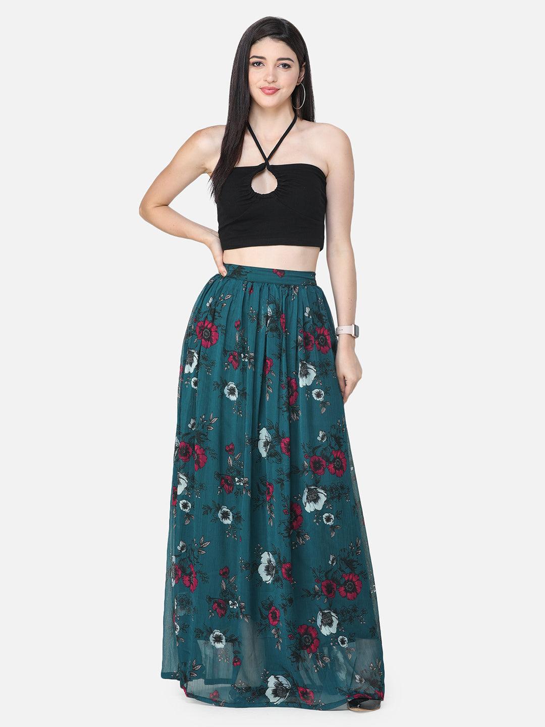 Green Floral Maxi Flared Skirt