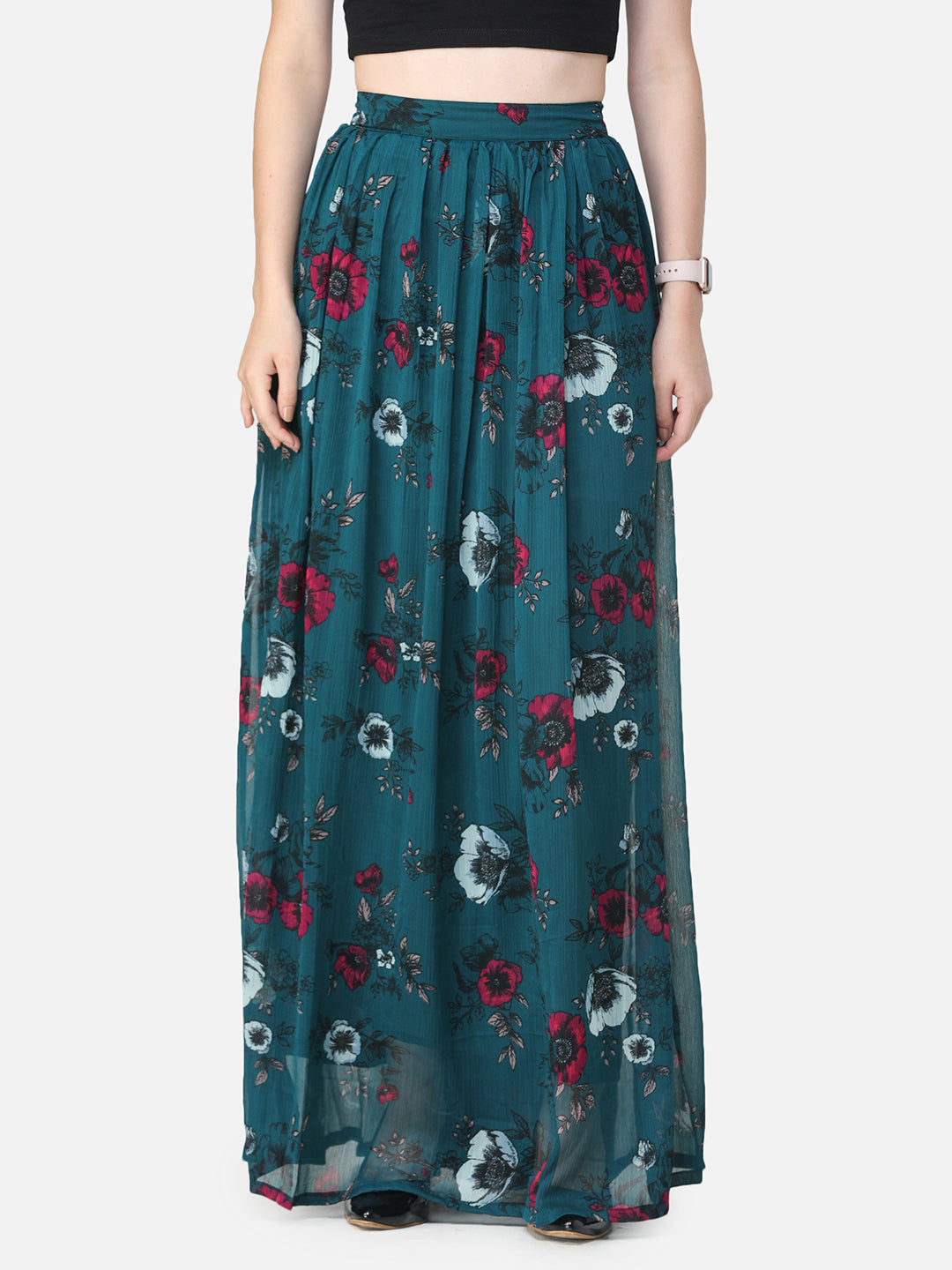 Green Floral Maxi Flared Skirt