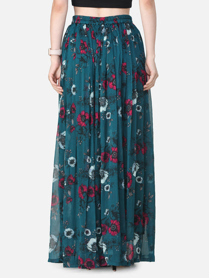 Green Floral Maxi Flared Skirt