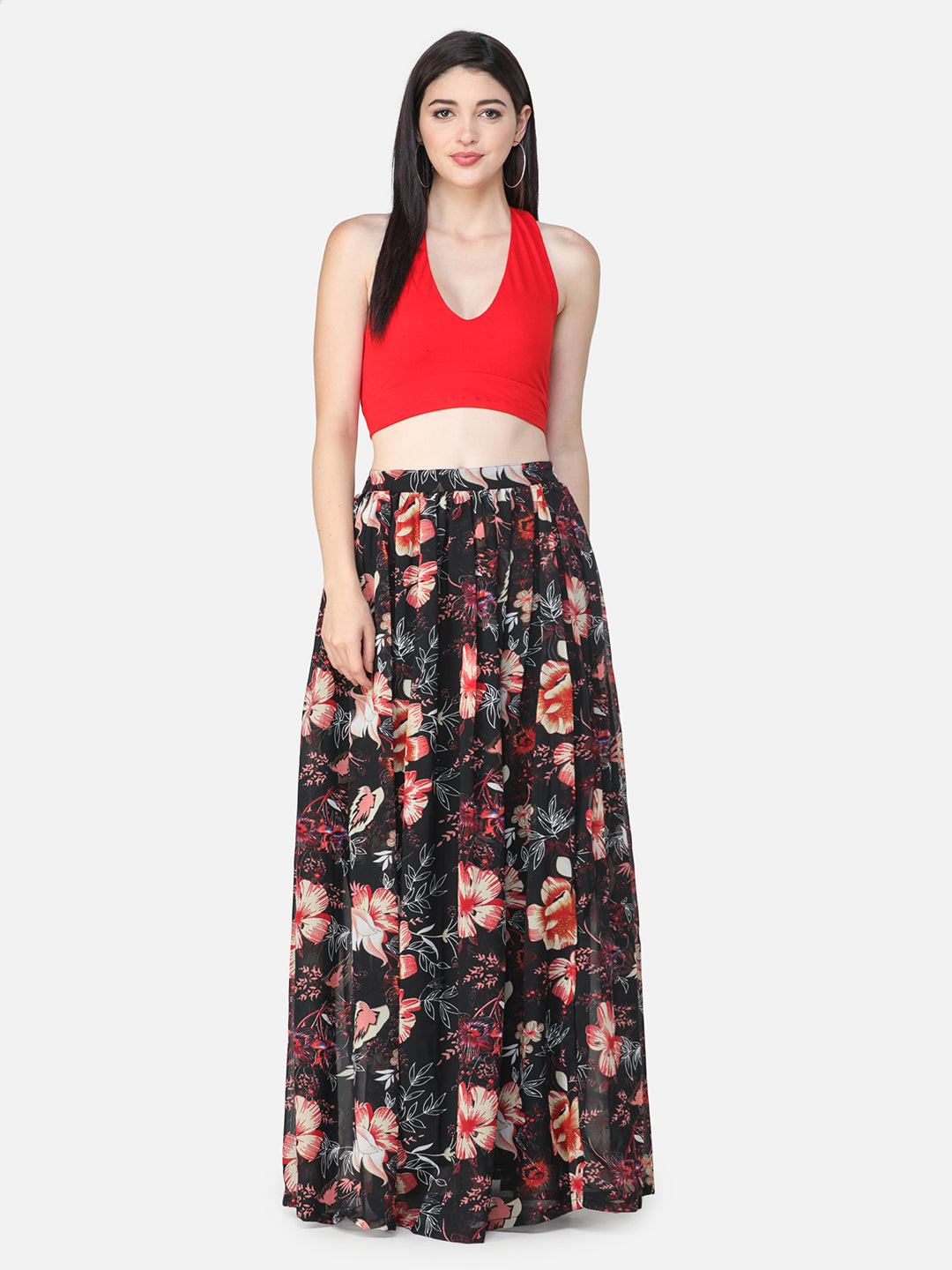 Black Floral Maxi Flared Skirt